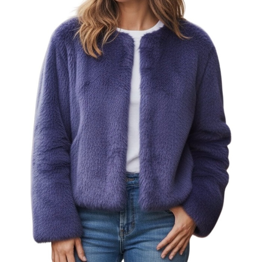 CARA NEW YORK Faux Fur Coat Blue Lined Front Pockets